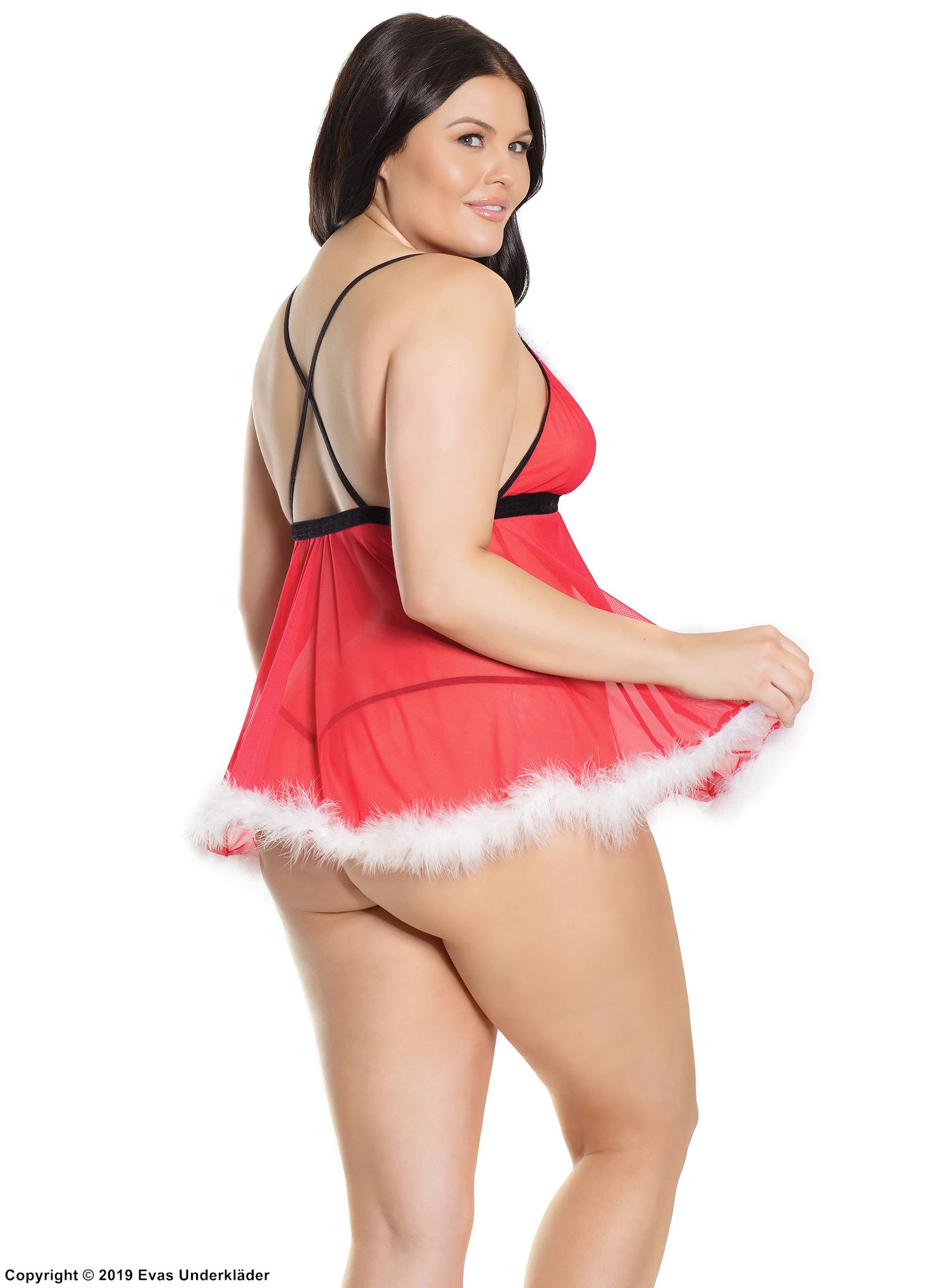 Weiblicher Weihnachtsmann, Kostüm-Babydoll, Kunstpelz, gekreuzte Bänder, Plus Size